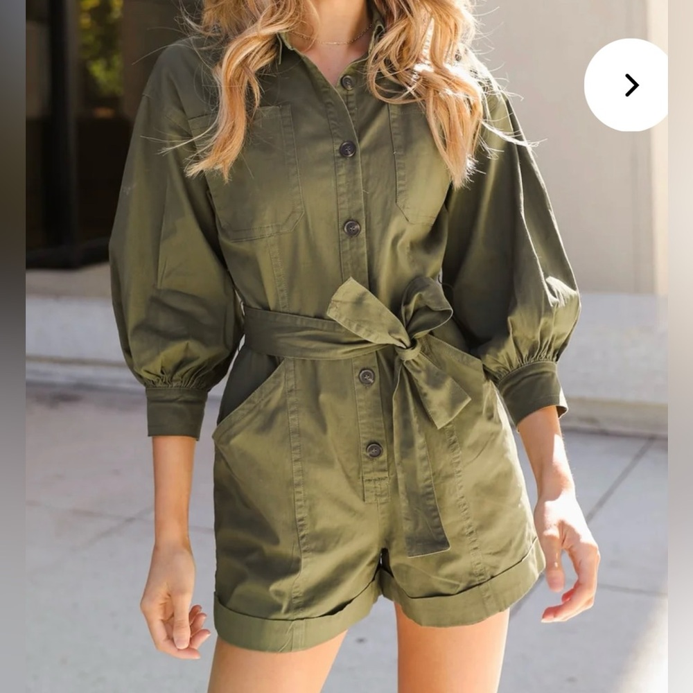 Olive Green Button-Up Romper with Belt